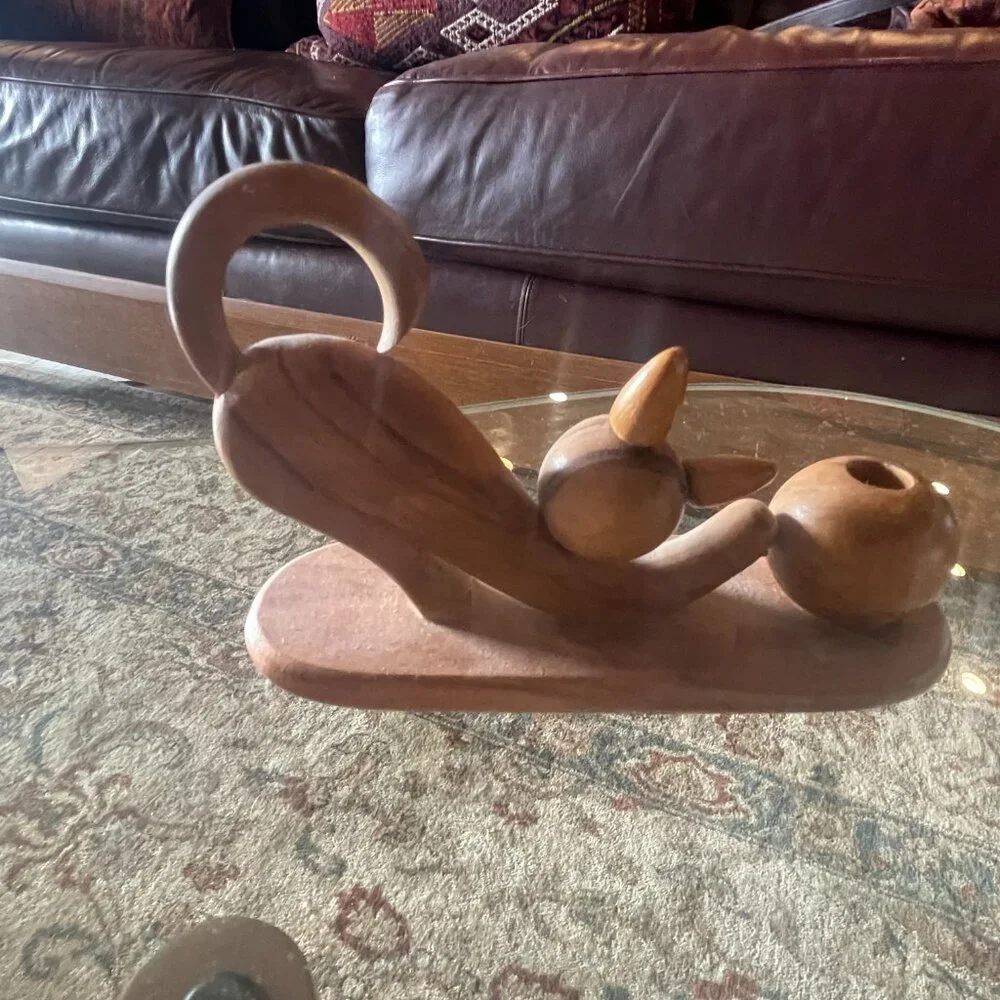 Mid Century Italian Wooden Cat with Ball Pen Holder